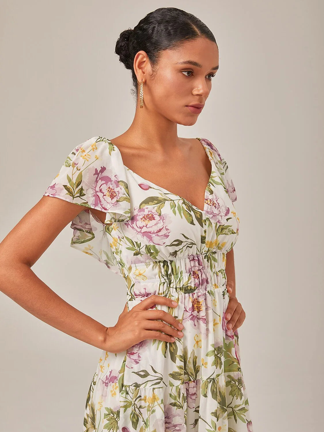 Elegant Floral Print Chiffon Flowy V-Neck Backless Maxi Dress ADOR Elegant Floral Print Chiffon Flowy V-Neck Backless Maxi Dress ADOR