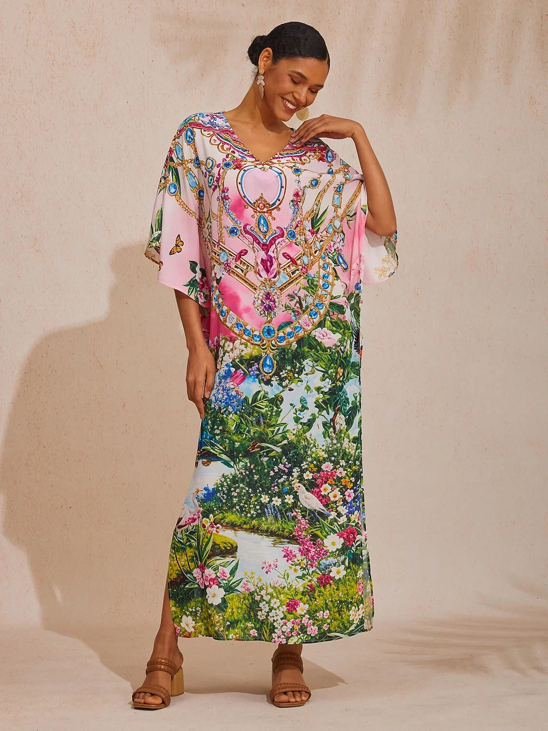 Pink Jungle Party Flowy Chiffon Diamond Maxi Dress – ADOR