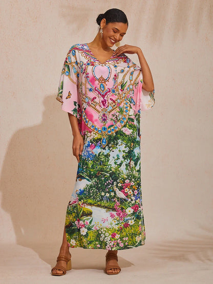 Womens Chiffon Maxi Dress V Neck Short Sleeve Loose Fit Party Flowy Lightweight Chiffon Airy Drape Flattering Drape, Cherry Pink / L