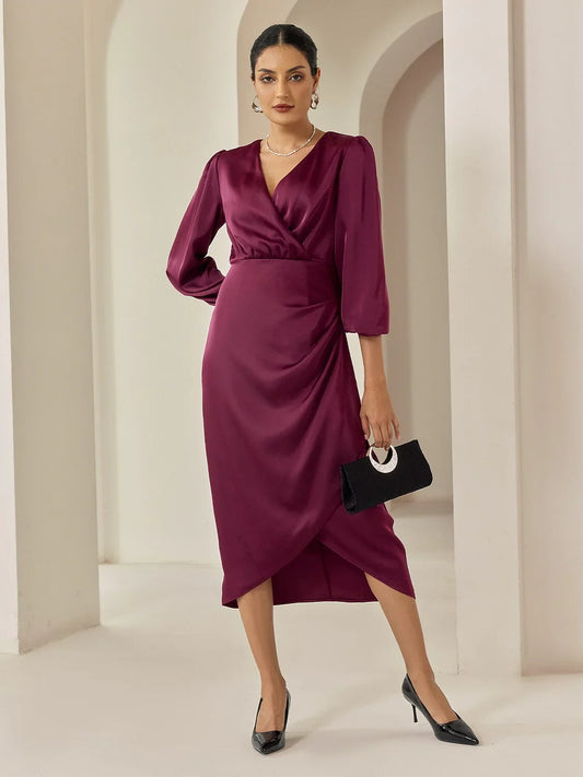 Elegant 3/4 Sleeves Burgundy Satin Dress