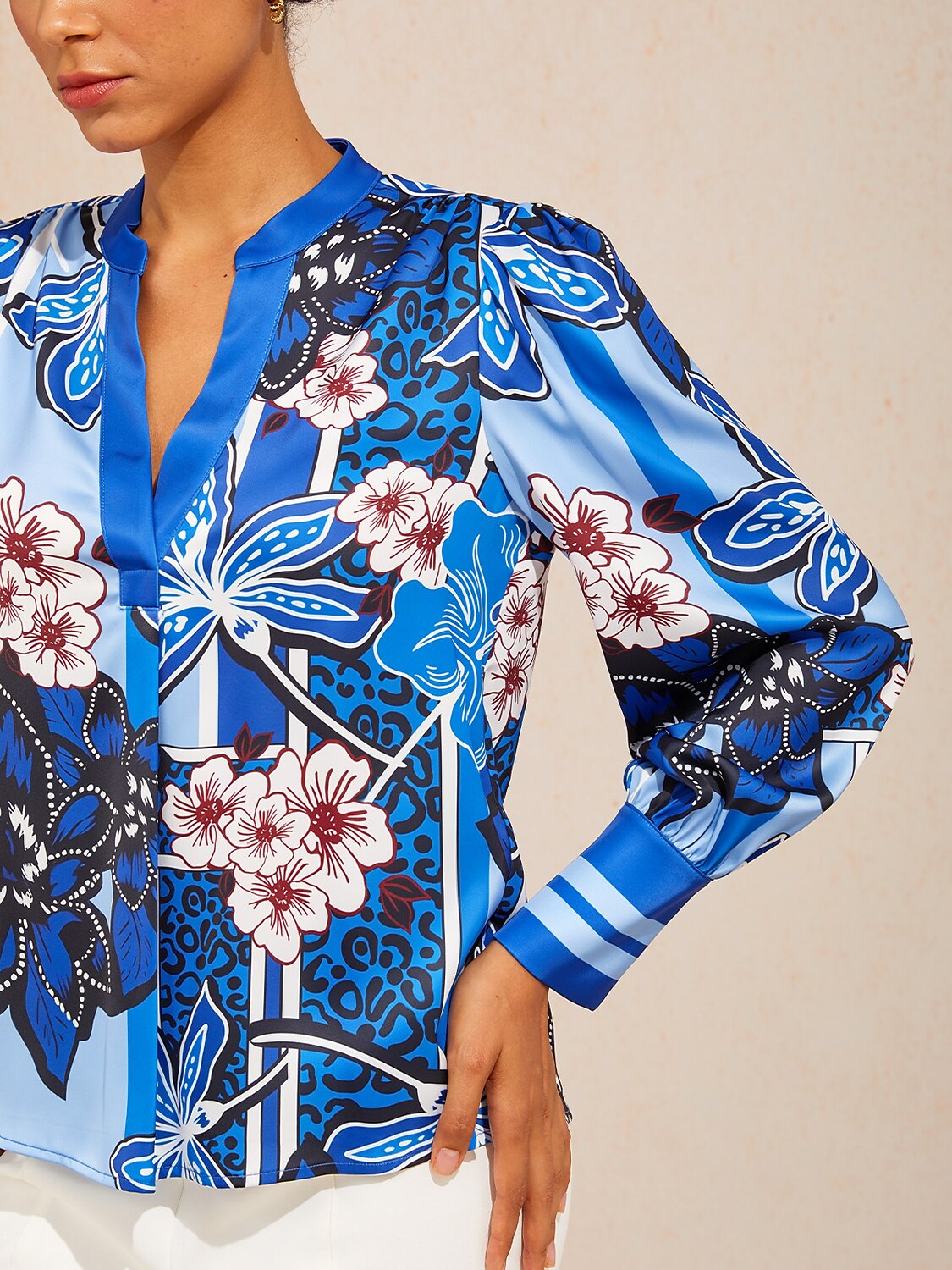 Azure Bloom Silky Satin Blouse