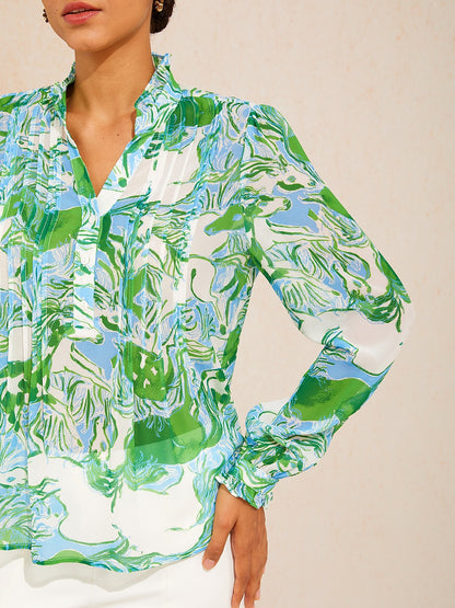 Graphic Art Mustang Ruffle V-Neck Chiffon Blouse