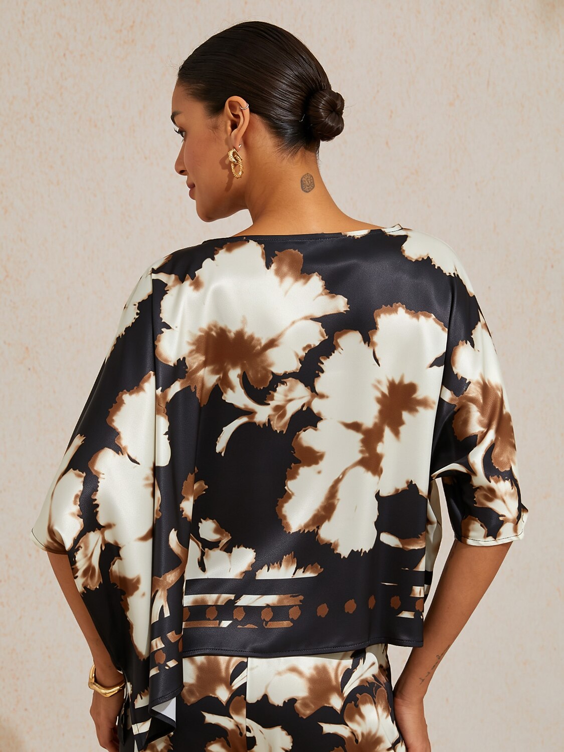 Sepia Noir Bloom Silky Satin Dolman Sleeve Top