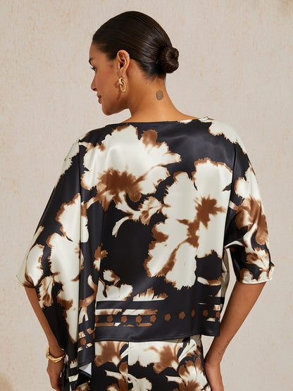 Sepia Noir Bloom Silky Satin Dolman Sleeve Top