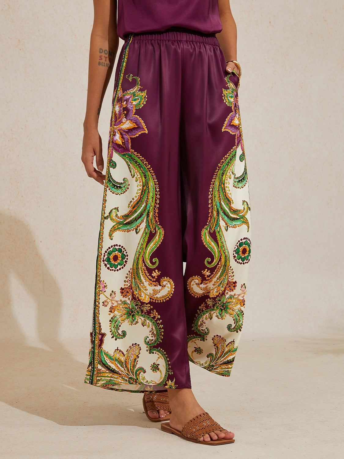 Burgundy Paisley Silky Satin Wide Leg Pants