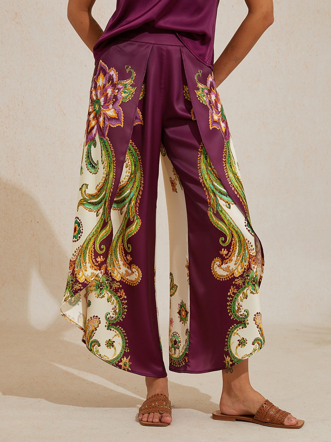Burgundy Paisley Silky Satin Slit Wide Leg Pants