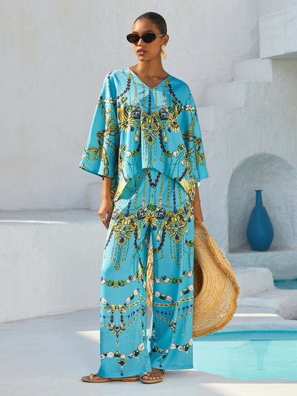Indigo Tigress Silky Satin  Vacation Batwing Top
