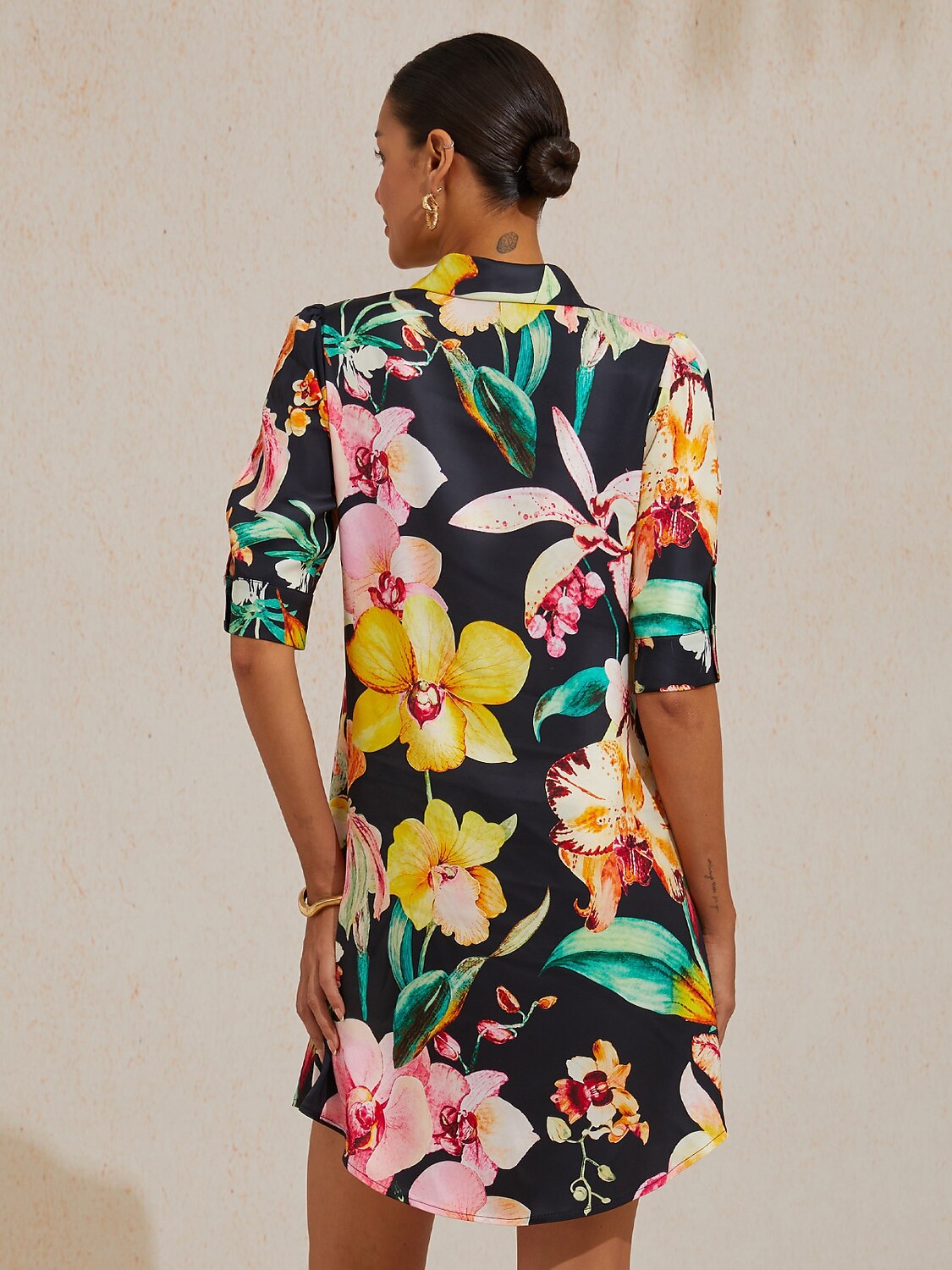 Midnight Floral Carnival Silky Satin Shirt Dress