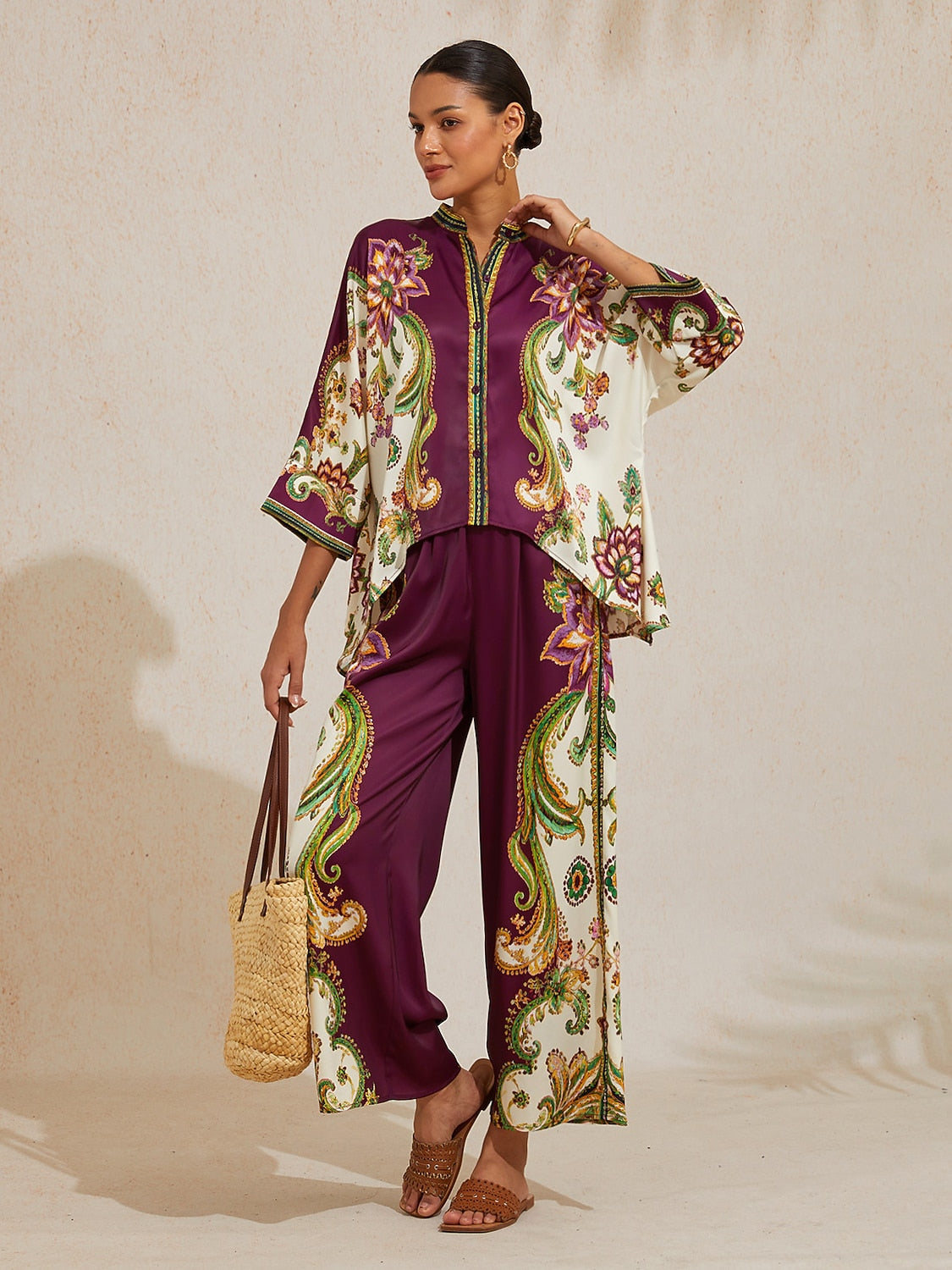 Burgundy Paisley Silky Satin Batwing Top
