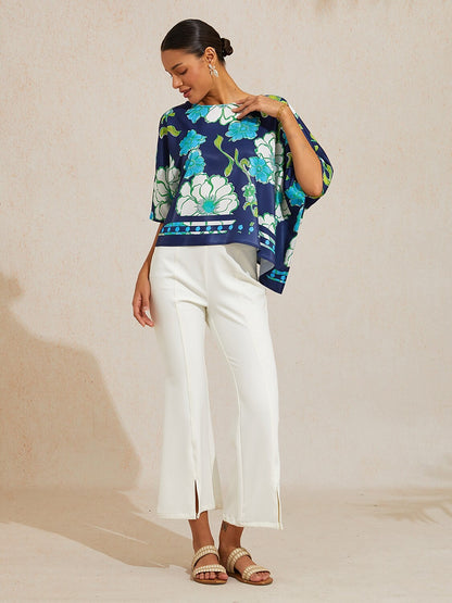 Emerald Tide Bloom Silky Satin Dolman Sleeve Top