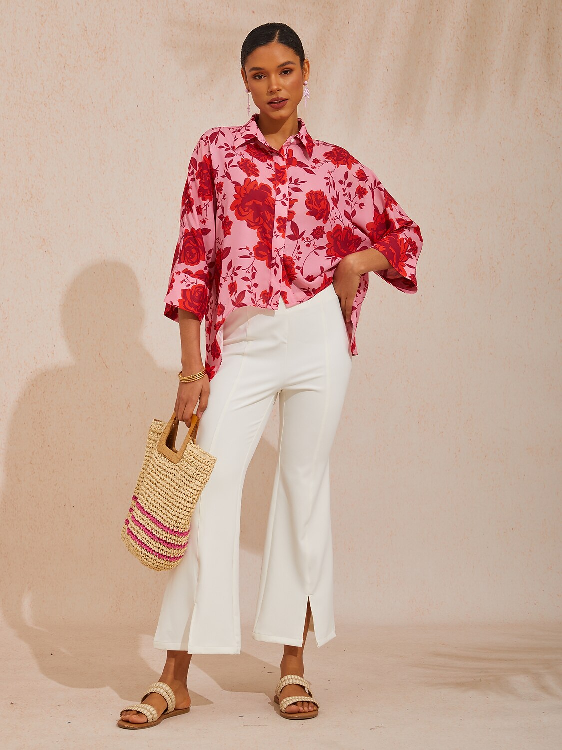 Spring Blooms Flowy Chiffon Asymmetrical Dolman Sleeve Blouse