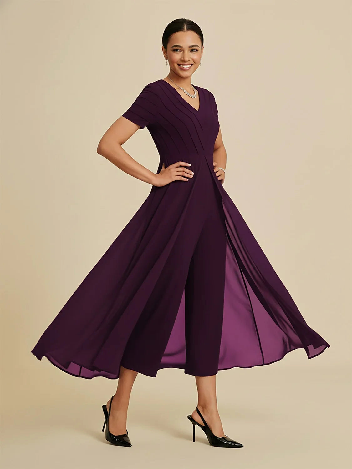 Paneled Design Faux Flowy Sheer Stretch Fabric Jumpsuit