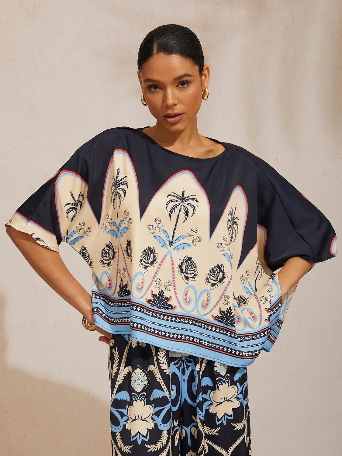 Wild Hibiscus Dream Silky Satin Dolman Sleeve Top