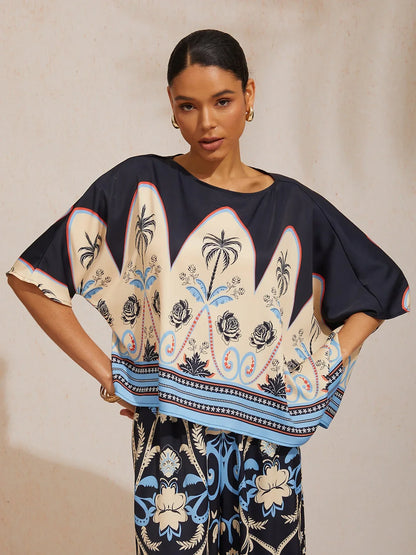 Wild Hibiscus Dream Silky Satin Dolman Sleeve Top