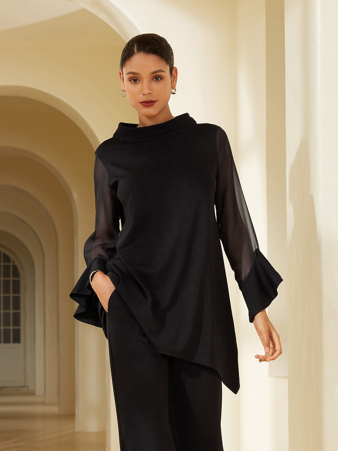 Blouse en Chiffon Modal Coupe Ajustée, Voilée, Légère et Respirante