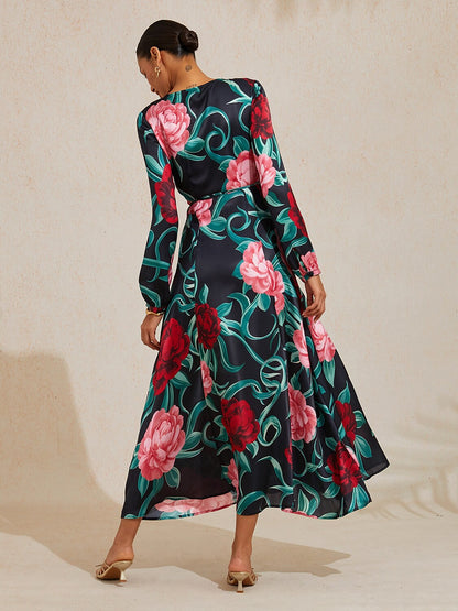Emerald Rose Garden Silky Satin Floral Maxi Dress
