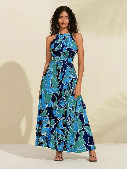 Chiffon Floral Print Halter Neck Ruffle Maxi Dress