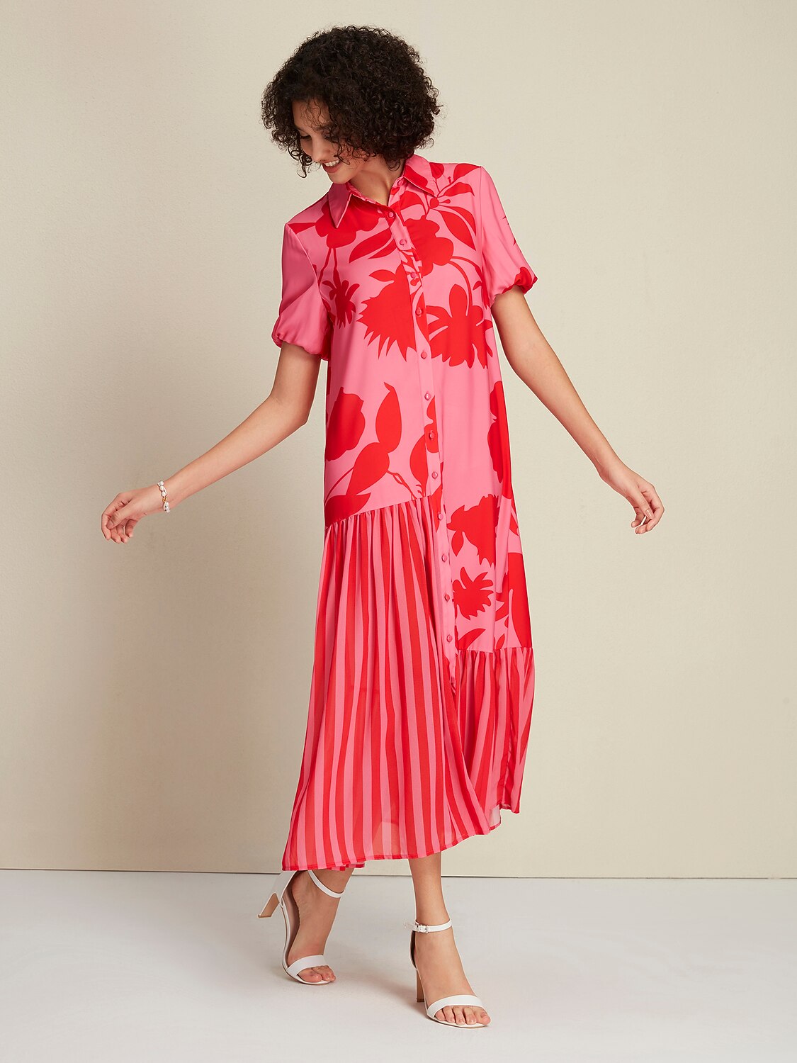 Chiffon&Satin Rose Red Floral Stripe Asymetric Hem Short Sleeve Maxi Dress