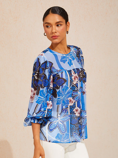 Azure Bloom Flowy Chiffon Blouse