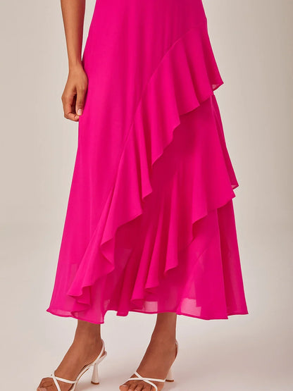 Chiffon Solid Color Ruffle Mismatched Dress