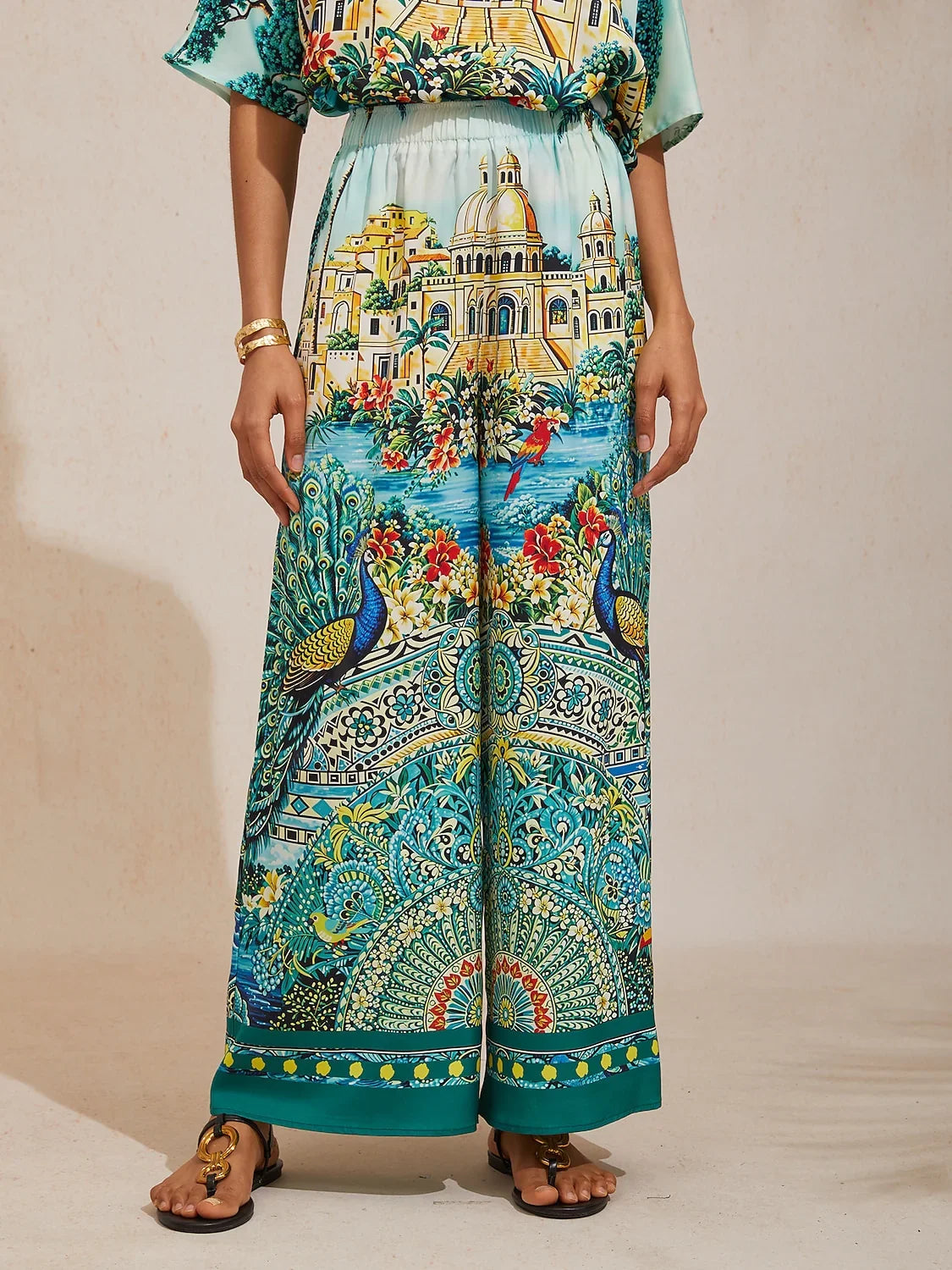 Summer Night Palm Silky Satin Wide Leg Pants