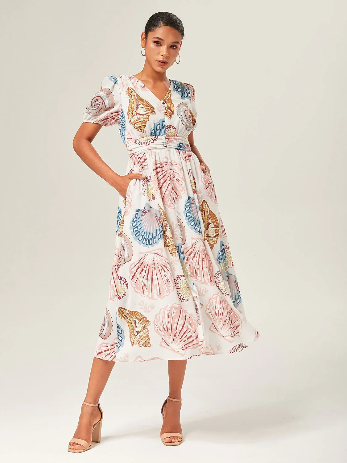 Women's Midi Dress, Linen-Like Smocked A-Line - V Neck Short Sleeve, Smocked Bodice, A-Line Midi, Linen-Like Texture Women's Midi Dress, Linen-Like Smocked A-Line - V Neck Short Sleeve, Smocked Bodice, A-Line Midi, Linen-Like Texture