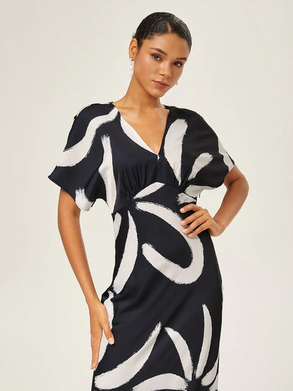 Abstract Floral Print Satin Maxi Dress