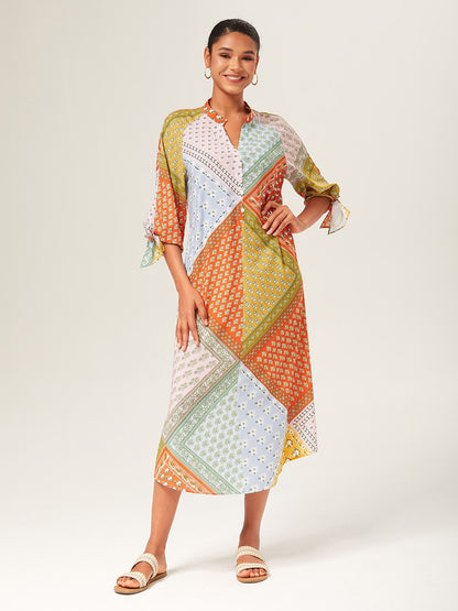Vestido Maxi con Estampado Colorido y Corbata