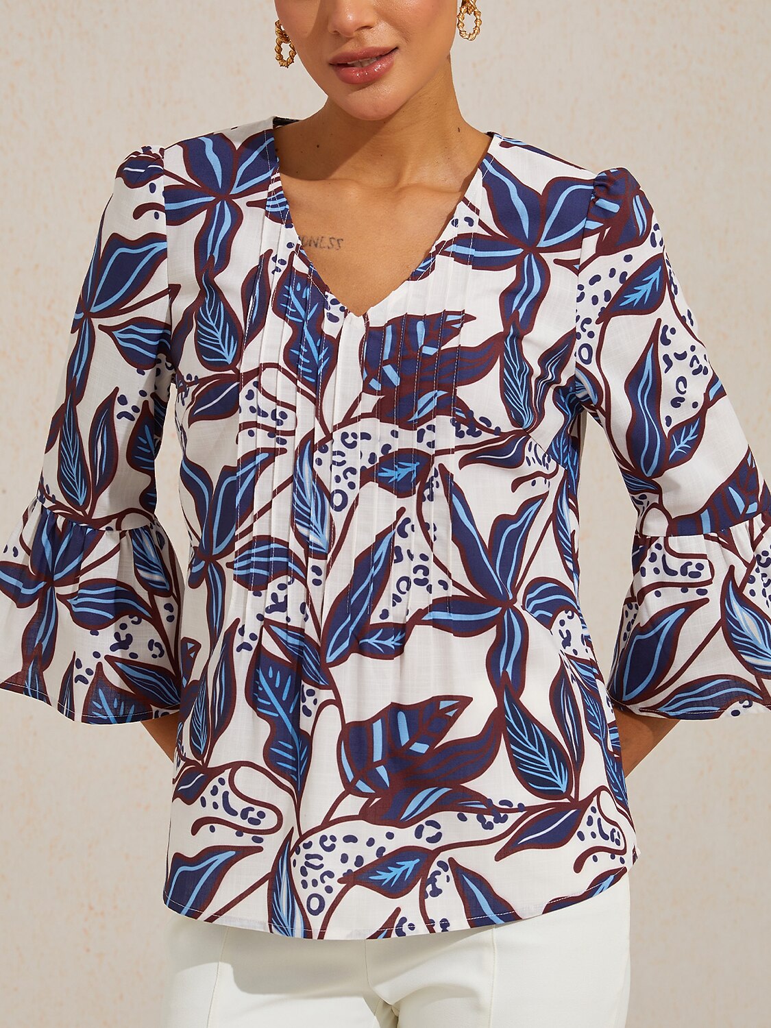 Cobalt Flora Reverie Linen Look V Neck Blouse