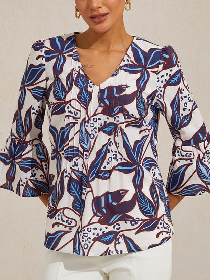 Cobalt Flora Reverie Linen Look V Neck Blouse