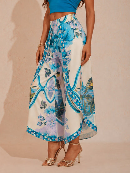 Hawaii Palm Satin Slit Wide Leg Pants