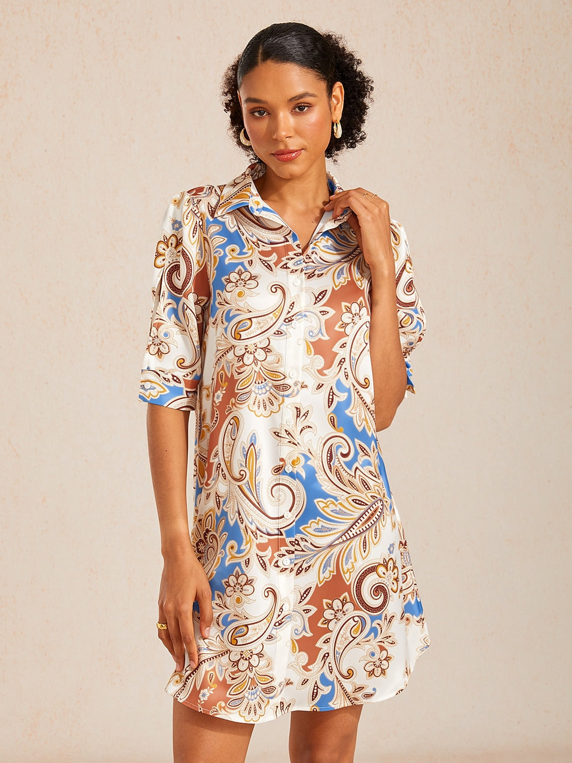 Vintage Leopard Jewelry Silky Satin Straight Shirt Dress