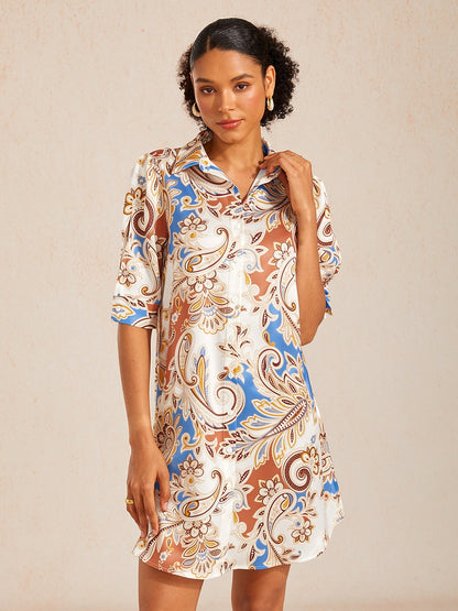 Vintage Leopard Jewelry Silky Satin Straight Shirt Dress