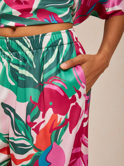 Fiery Pink Rose Silky Satin Wide Leg Pants