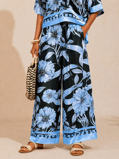 Glacier Blue Petal Silky Satin Wide Leg Pants