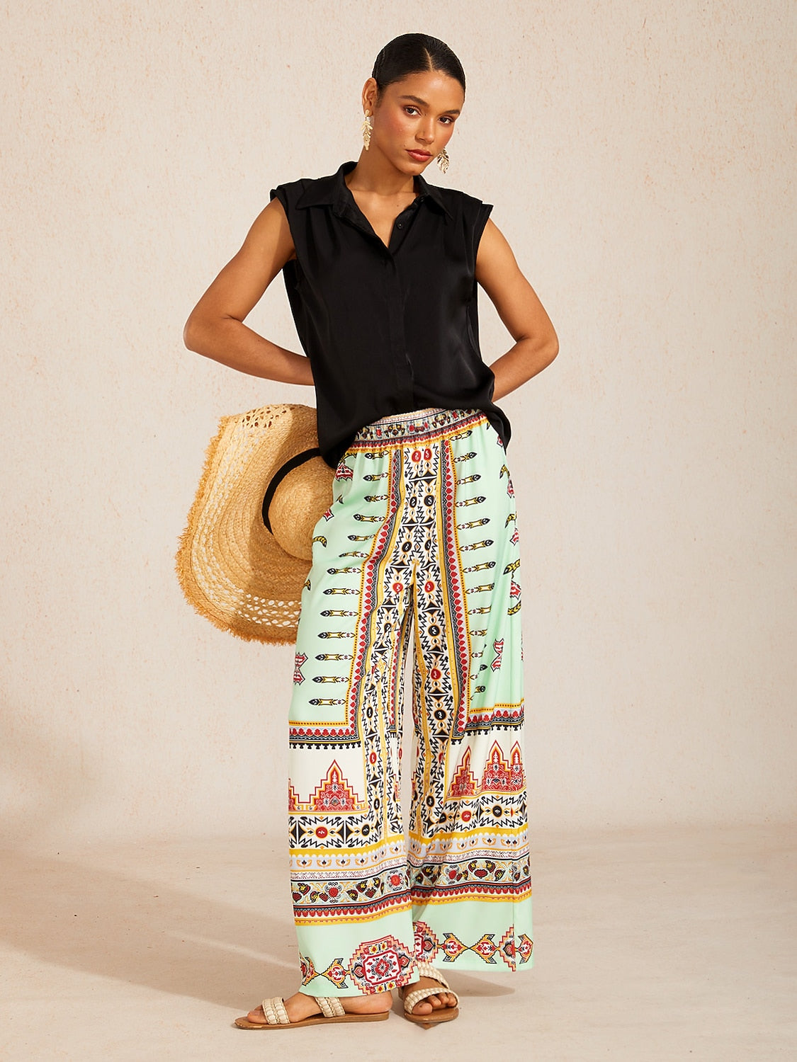 Ethnic Totem Silky Satin Wide-Leg Pants