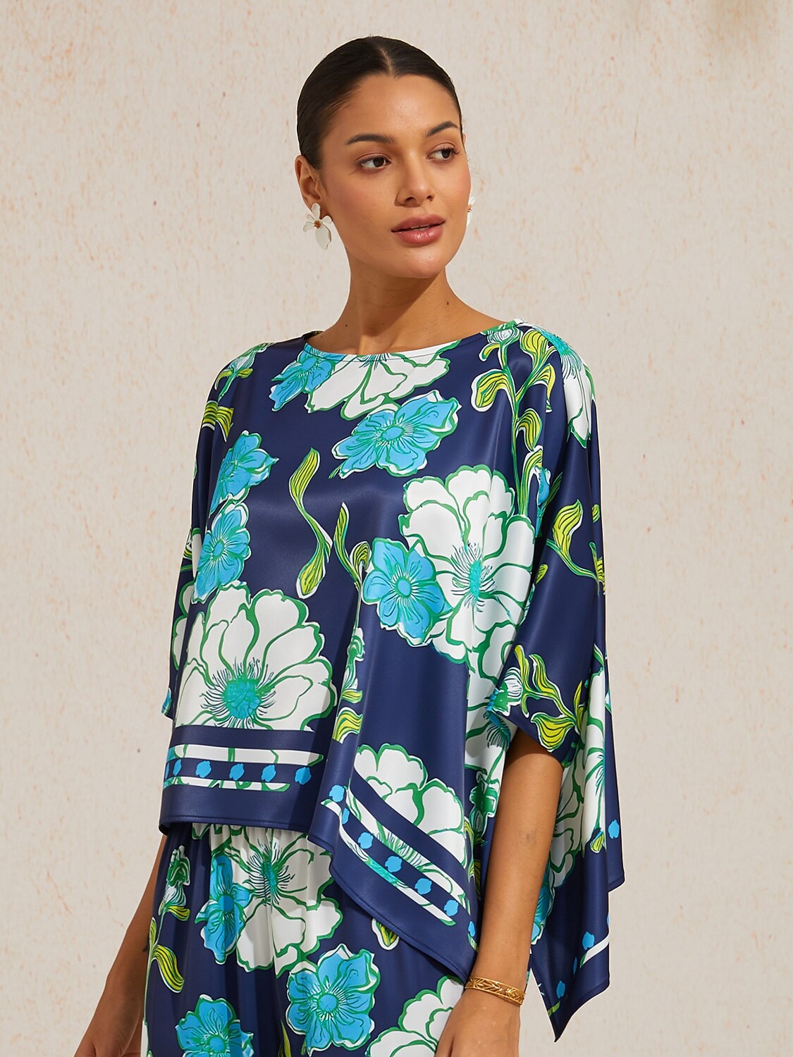 Emerald Tide Bloom Silky Satin Dolman Sleeve Top