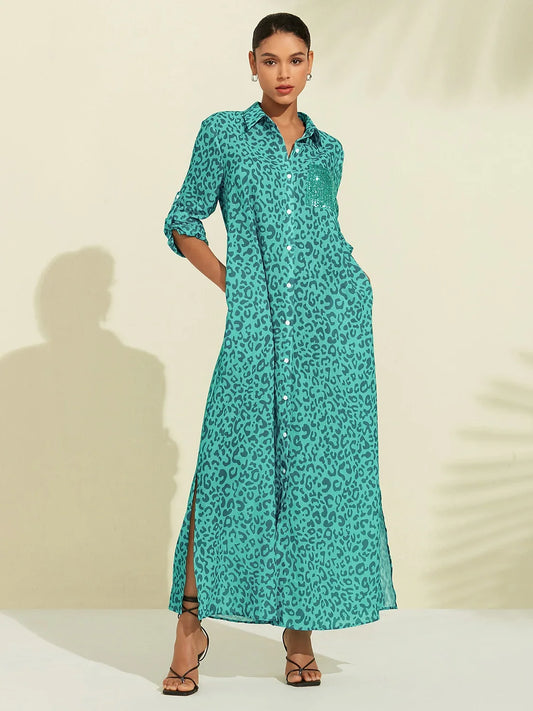 Roll up Sequin Collar Leopard Print Shirt Maxi Dress