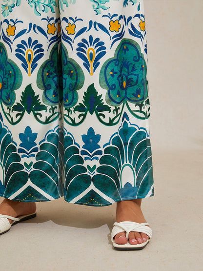Jade Palace Garden Silky Satin Wide Leg Pants