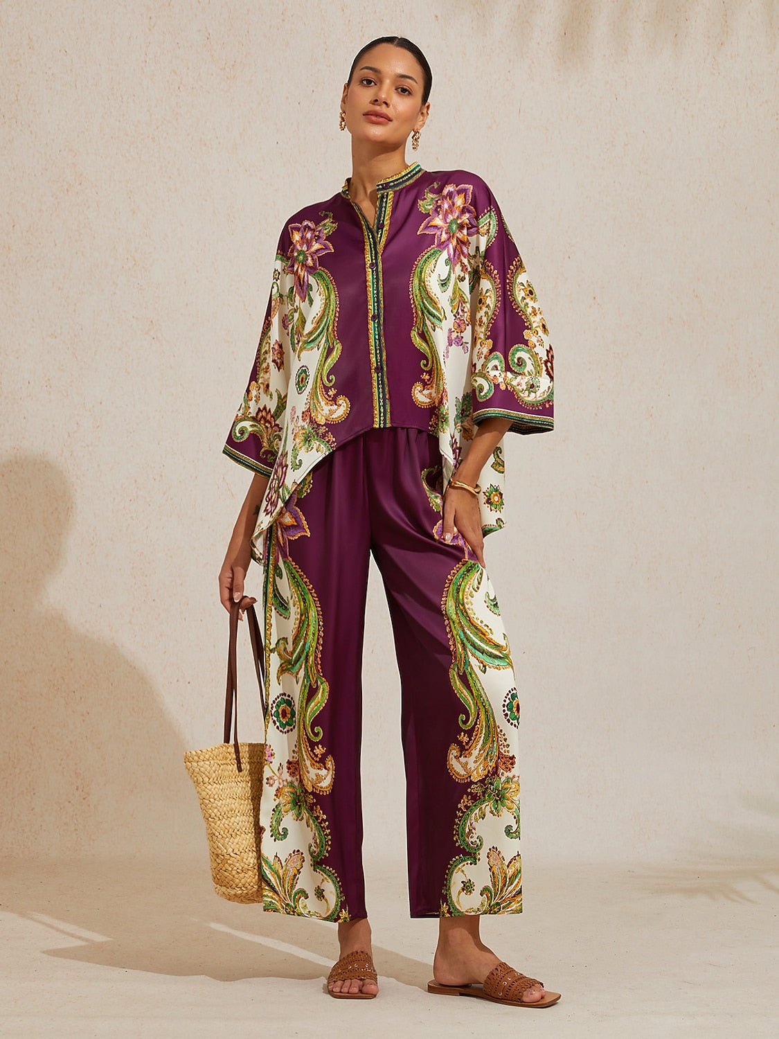 Burgundy Paisley Silky Satin Batwing Top