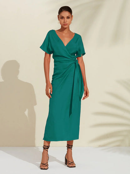 Tencel Linen Shirred Wrap Midi Dress