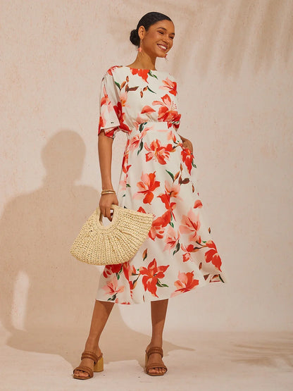 Spring Blooms Flowy Chiffon Waist-cinching Maxi Dress