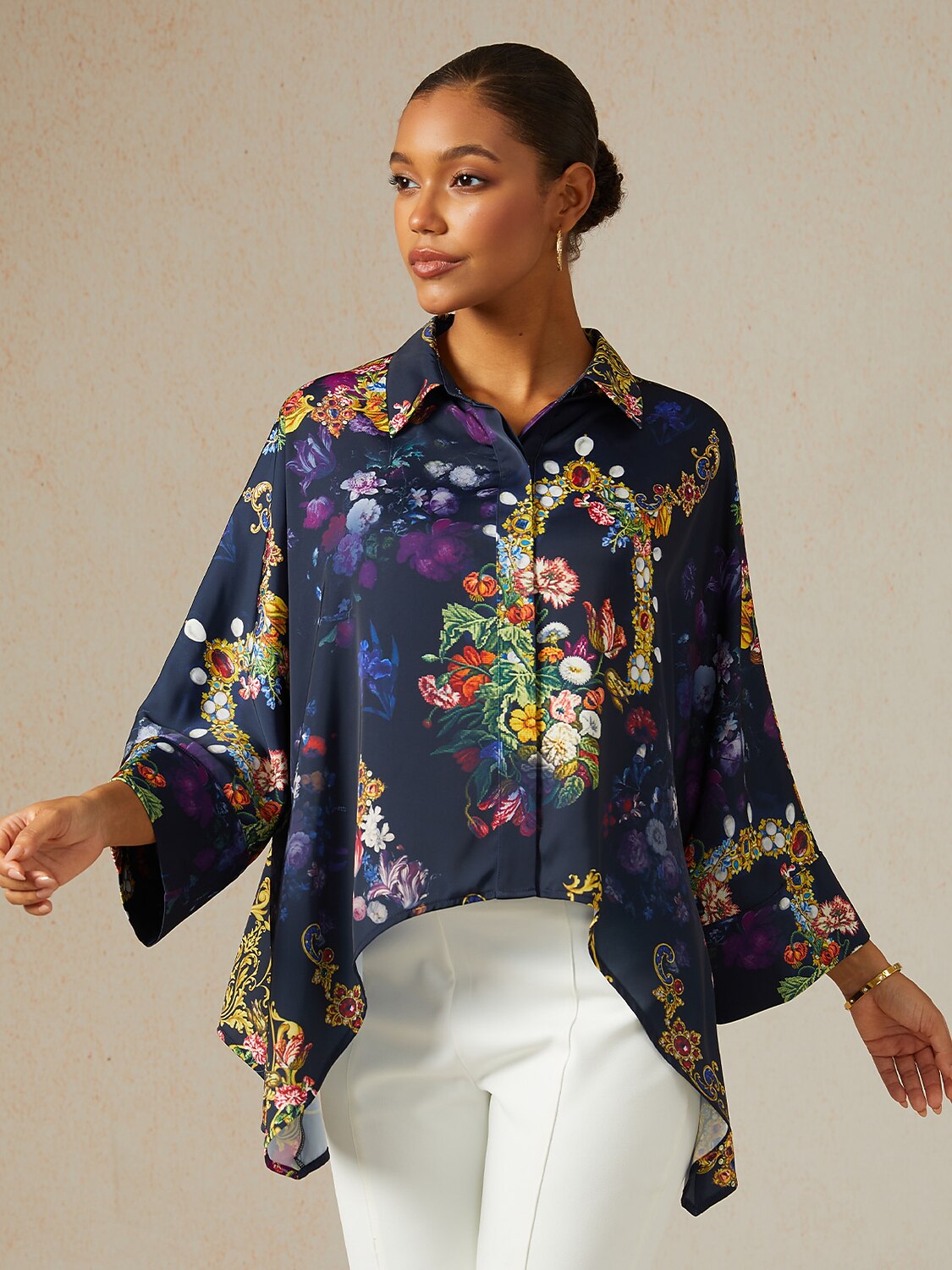 Midnight Jewel Bloom Silky Satin Oversized Shirt