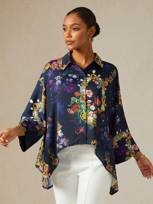 Midnight Jewel Bloom Silky Satin Oversized Shirt