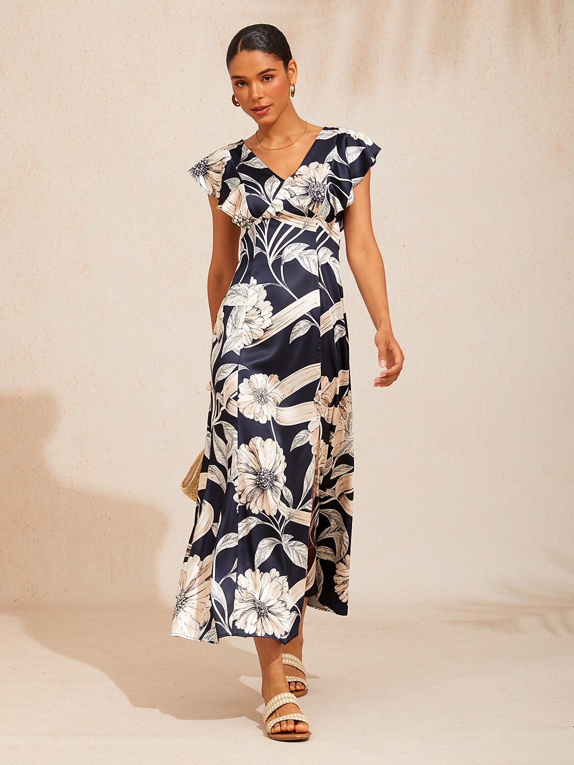 Golden Petal Silky Satin Maxi Dress