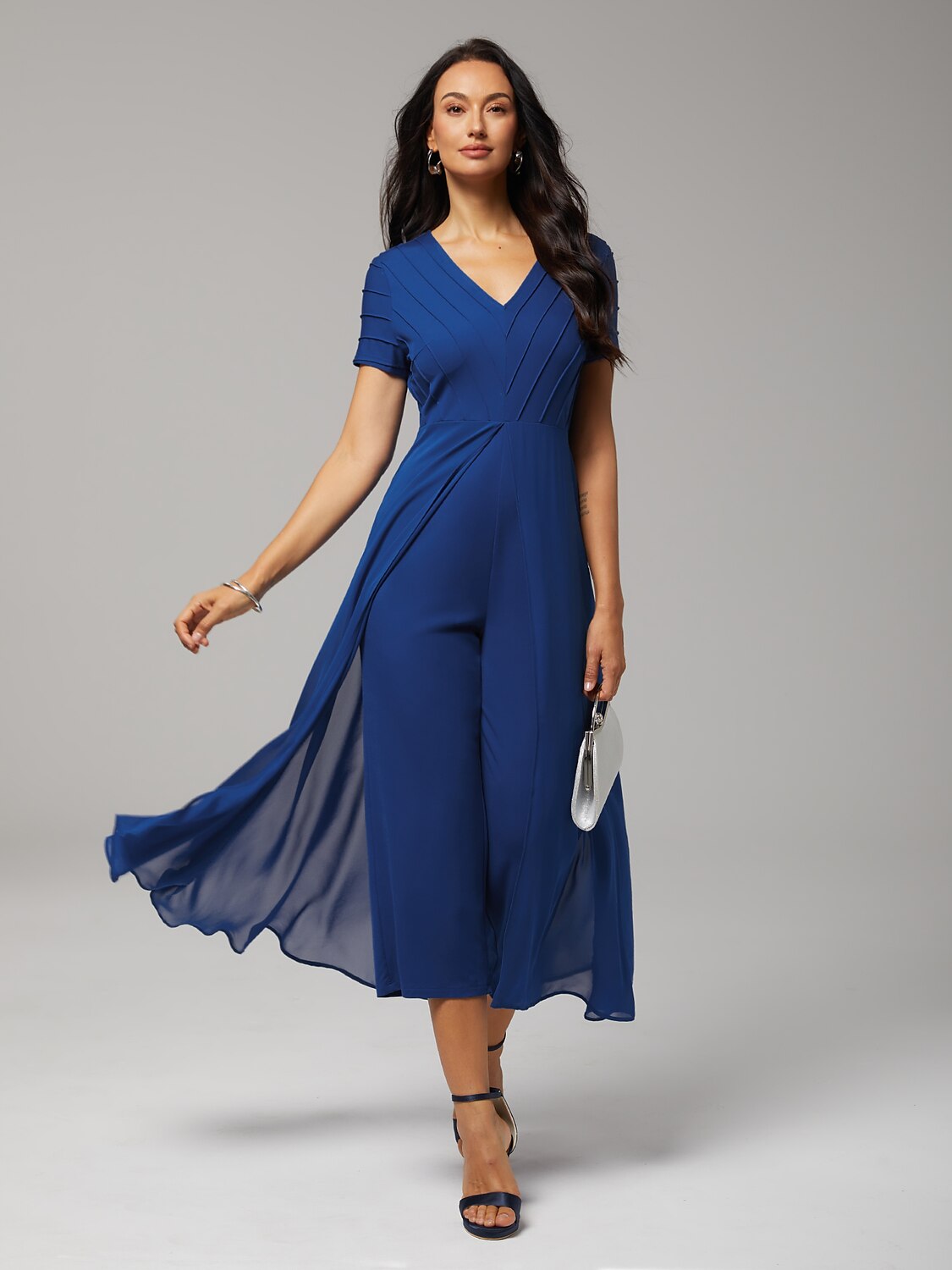 Paneled Design Faux Flowy Sheer Stretch Fabric Jumpsuit
