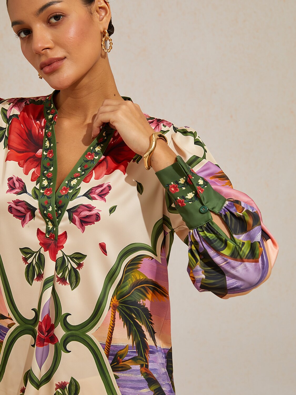 Hawaii Palm Silky Satin Blouse