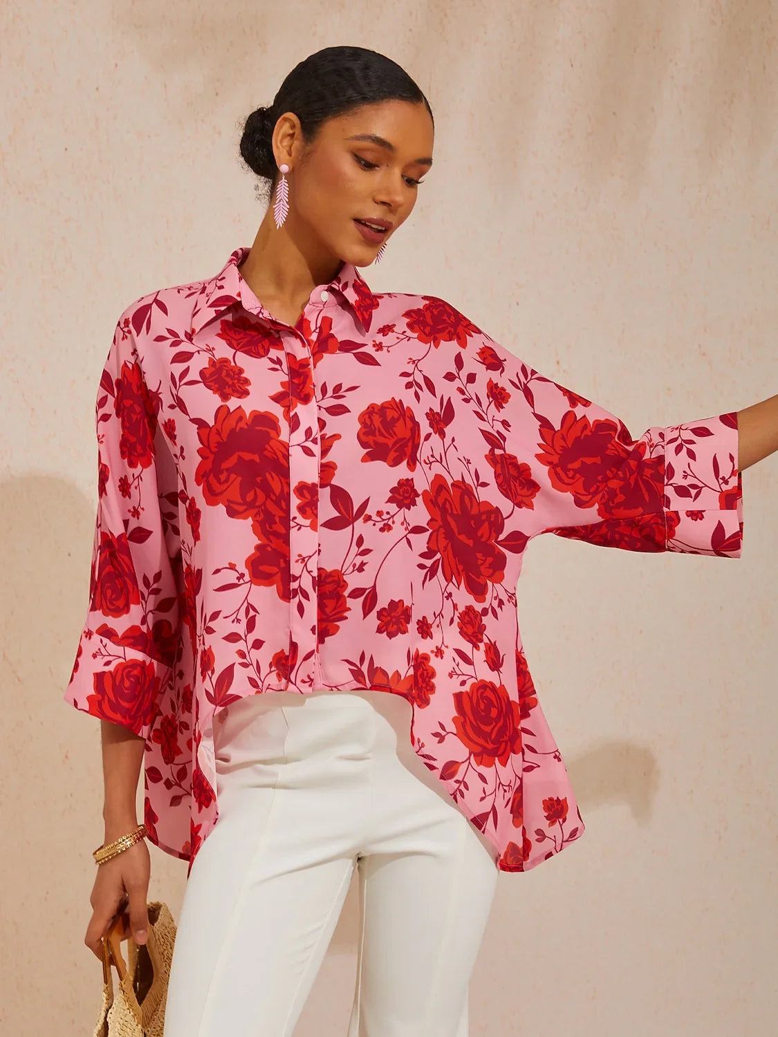 Spring Blooms Flowy Chiffon Asymmetrical Dolman Sleeve Blouse