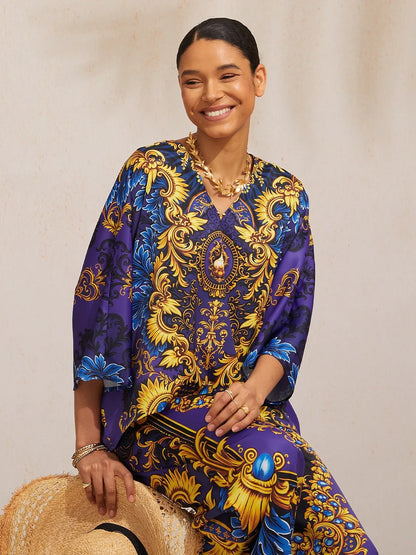 Midnight Blue Baroque Silky Satin Dolman Sleeve Top