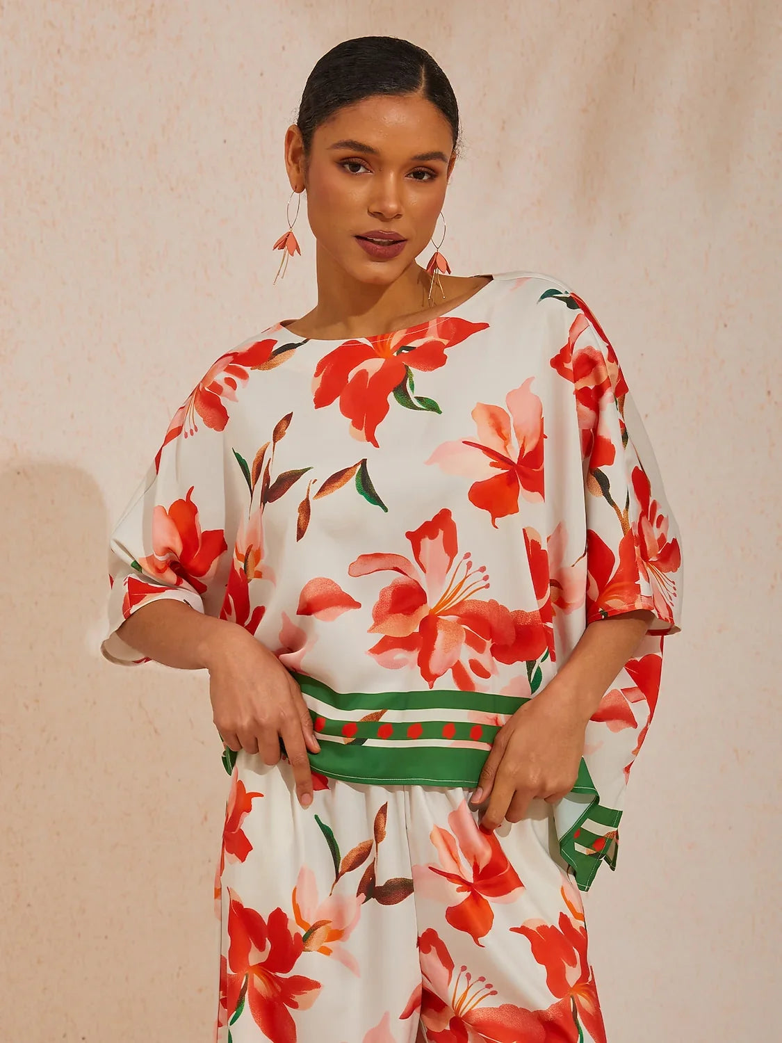 Spring Blooms Silky Satin Asymmetrical Dolman Sleeve Blouse